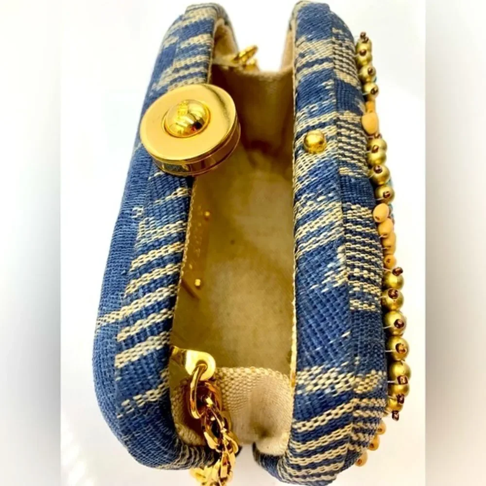 Auth Rafe Minaudière Beaded Boho Canvas Box Clutch Gold-Tone Chainlink Strap